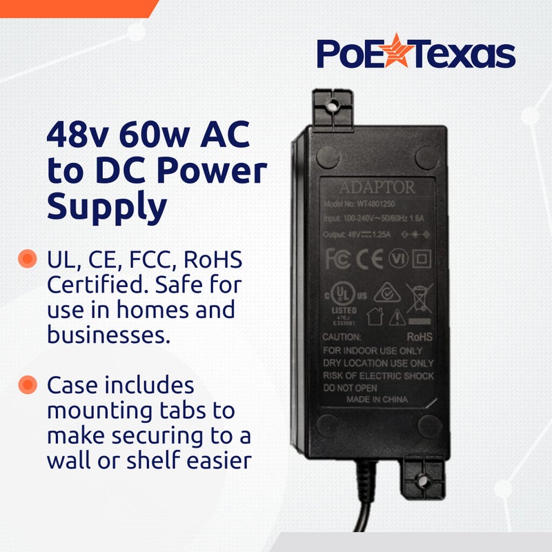 PoE Texas مزود طاقة PoE تكساس 48 فولت - مزود طاقة 48 فولت 60 واط من AC إلى DC لتغذية الطاقة عبر الإيثرنت، محقن PoE، محول، مقسم، موسع، مفتاح شبكة - طاقة PoE 60 واط 48 فولت DC لأجهزة 802.3af، 802.3at - Image 2